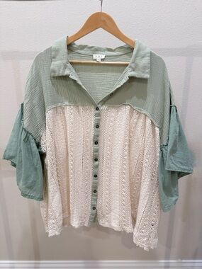 POL Mint and Cream Crochet Button-Front Blouse